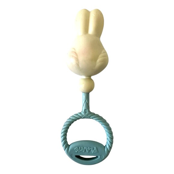 Vintage Plakie Baby Rattle 1950s Bunny Blue Handle Nursery Decor - Picture 2 of 7
